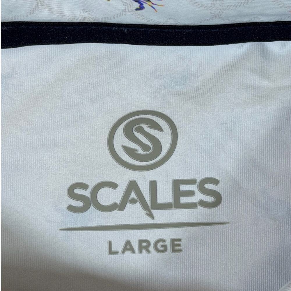 Scales Men L White Blue Crab Print Short Sleeve Polo Athletic Golf Shirt Casual - Picture 3 of 10
